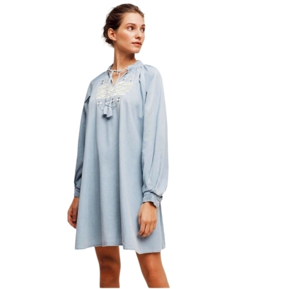 Anthropologie Dresses & Skirts - ANTHROPOLOGIE | Embroidery Bib Denim Mini Dress